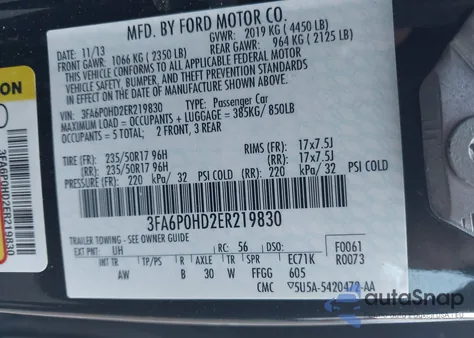 2014 Ford Fusion Se из США, поврежденный, VIN 3FA6P0HD2ER219830